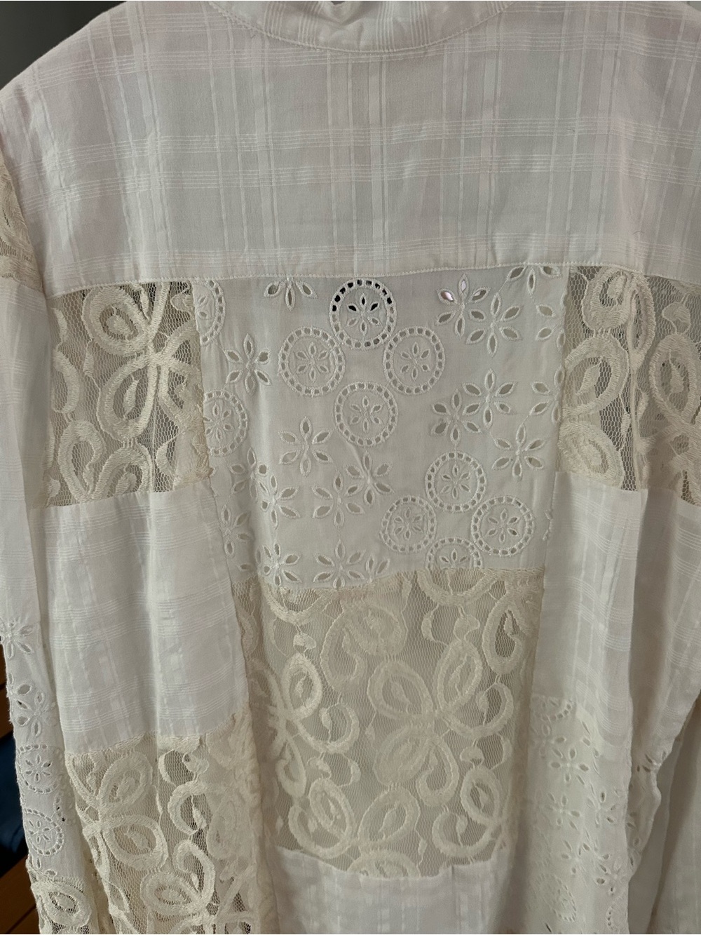 Johnny Was Cream and White Patchwork Lace Button-Front Blouse - Picture 4 of 4